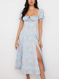 Floral Print Dress Sweet Square Neck Puff Sleeve Side Spilt Drawstring Maxi Dresses for Women Party Chic Casual