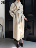 Fashion Women Woolen Coat Scarf Collar Loose Double Breasted Full Sleeve Belt Solid Color Overcoat Autumn 2023 New