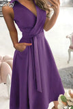 Women Summer Long Dress Short Sleeve V Neck Solid Vintage Elegant Chic Shirt Dress With Belt Office Ladies Party