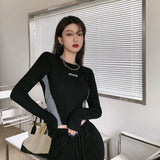Gothic Patchwork T Shirt For Women Streetwear Long Sleeve Crop Top Y2k Slim Hip Hop Tee Shirt Femme Korean Autumn