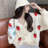 Strawberry Sweater Soft Waxy Cardigan Coat Autumn And Winter 2024 Loose Female V-Collar Coarse Wool Knitting