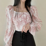 Vintage Square Neck Puff Sleeve Floral BlouseOutfit