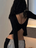 Backless Slit Black Long Sleeve Top- Outfit