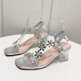 Large Square Head Crystal And Flower Sandals Female Feel Tight With Temperament High-Heeled Fashion