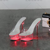 Zingj 34-43 Sexy Super High Heels Luminous Thin Heel Waterproof Platform Sandals Transparent Model Crystal Shoes Wedding