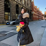 High-End Fox Big Fur Collar Down Jacket Women's Long Style 2024 Winter Knee Bundle Waist Show Thin White Duck Down Fashion Coat-Outfit
