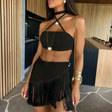 Tassel Women Two Piece Skirt Halter Lace Bra Tassel Mini Skirt Suit Beach Vacation Casual Female Bathing Suit