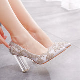 Cm Thick Heel Crystal Transparent Square Tip Single Shoe Bridal Silk Satin Cloth Diamond Skirt Wedding
