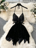 Female Backless Sexy Dress Fashion Halter Lace up Design Women Embroidery Butterfly Slim Short Irregular Velvt