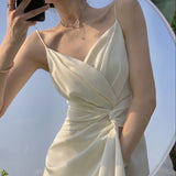 Women New Spaghetti Strap Satin Midi Dress Sexy Bodycon Elegant Party Slim One Piece Clothes