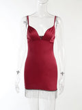 Satin Women Tassel Cami Mini Dress Sleeveless Deep V Neck Summer Bodycon Sexy Fashion Party Nightclub Christmas