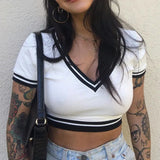 Patchwork Strips V Neck Short Sleeve T-shrit Ladies Ribbed Summer Casual Crop Top T Shirt Women Fashion Tee