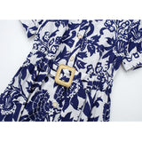 Blue Floral Shirt Dress Woman Vintage Print Long Dress Women Short Sleeve Elegant Chic Women Dresses Casual Summer