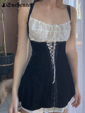 SUCHCUTE Vintage Lace Patchwork Mini Dress Women Cross Bandage Dark Academic Velvet Casual Party Dresses Gothic Slim
