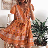 Queens Women Pink Floral Print Cross V-neck Beach Wrap Mini Dress Ladies Short Sleeve Rayon Boho Dresses