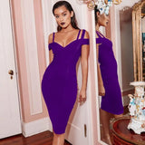 Midi Bandage Dress for Women Elegant Off The Shoulder Bodycon Dresses 2022 Summer V-neck Sexy Evening Club Party