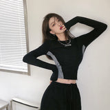 Gothic Patchwork T Shirt For Women Streetwear Long Sleeve Crop Top Y2k Slim Hip Hop Tee Shirt Femme Korean Autumn