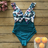 Sexy One Piece Swimsuit Female Swimwear Women Print Floral Bandage Shoulder Ruffle Brazilian Backless