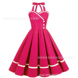 Women Summer Elegant Halter Sexy Party Pleated Dress Pinup Casual Solid Vintage Swing 50s 60s Retro Rockabilly Dresses