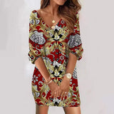V-neck Women Dress Fashion Print Half Sleeve Casual Loose Mini Dresses 2022 Spring Autumn Elegant Woman Dress Robe
