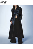 Spring Autumn Extra Long Luxury Black Soft Pu Leather Overcoat for Women with Zipper Cool Runway European Fashion