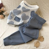 Blue Pink Summer Printed Knitted 2 pieces Set Women Short Sleeve Beading Sweater Tops+Capris Pants Suit