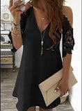 Sexy V Neck Spaghetti Straps Hollow Out Women's Dress 2021 Fashion Solid Lace Pachwork Loose Ladies Mini Dress Plue