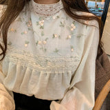 New Lace Stand Collar Long Sleeve Blouse Embroideried Flower Chic Women Shirt Autumn New Tops Chemise
