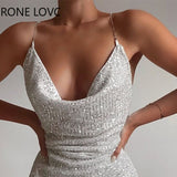 Women Solid Spaghetti Chain Strap Swing Collar Sequins Silt Side Bodycon Sexy Mini
