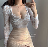 2021 New French Sexy Low Big Bust Eyelash Lace Mesh Perspective Mesh Short Mini Long Sleeve T-shirt Summer Top
