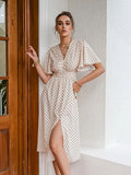 Chic polka dot botton a-line dress women Bell sleeve high waist maxi vestido elegant Office white dresses summer
