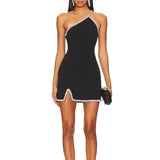 Sexy Dress Women 2025 Summer New Fashion Temperament Collar Water Drill Splicing Design Short