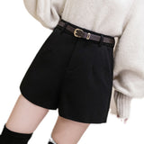 Black Woolen Shorts Female Spring And Autumn Outside Wearing Small Tall Waist Wide Leg Pants 2025 New Show Thin Bottom Boots Pants-Outfit