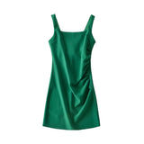 Zingj New Pleated Vest Dress Summer Women's Solid Color Square Collar Sleeveless Hip