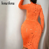 Women Autumn Long Sleeve Hollow Out Solid Color Bodycon Midi Dress 2021 Fall Female Clothing Streetwear Wholesale