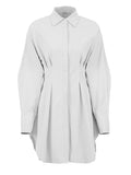 Spring Summer Bodycon Dress Women Khaki Long Sleeve Pleated Shirt Dress Office Ladies Solid Lapel Casual Mini