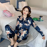 Sleepwear spring Pajamas Set for women Fake Silk Print Sweet Pijama Set Girl Nightgown Loose Waist Long Pant Silk