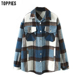 Vintage Blue Plaid Long Coat Jacket Pocket Casual Warm Overcoat Fashion Outwear Fall 2020 Women
