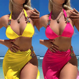 2023 New Bright Diamond Solid Color Long Dress Mesh Three-Piece Swimsuit