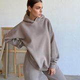 Hooded Sweatshirt and High Waist Trouser Suits Fashion Autumn Winter Solid Loose 2 Piece Female Set Tracksuit Black