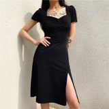 Square Neck Pleated Waist Slim DressOutfit