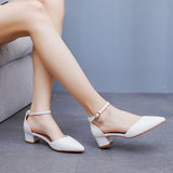 Cm Thick Heel Tip Small White Shoes Low Thick Heel In Hollow Sandals Spring Square Heel Women's Shoes White Bridal