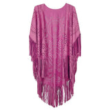 Beach Cover Up Summer Camel Suede Floral Hollow Out Fringed Bikini Cover-ups Vintage Women Beachwear Kimono Cardigan
