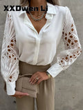 Casual Lace Patchwork Shirt Top For Women Spring Long Sleeve White Shirts Woman Elegant Hollow Out Button Blouses