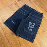 Year's Popular Street Y2K Jeans, Sports Trousers, Hip-Hop Cartoon Embroidery, Retro Blue