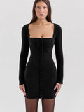 Long Sleeve Hook Bodycon Mini Dress- Outfit