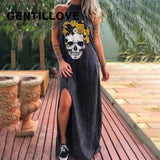 Sleeveless Halter Neck Shirt Long Dress Vintage Gothic Skull Print Black Dress 2021 Summer Oversized Cotton Long