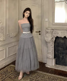 Sexy Hot Girl Suit Women's Autumn/Winter Diamond Buckle Belt Strapless Top High Waist A-line Yarn Long Skirt Two-piece