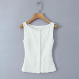 Buttoned Lace Trim Tank Top-Outfit