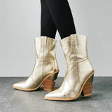 Faux Leather Cowboy Ankle Boots for Women Wedge High Heel Boots Snake Print Western Cowgirl Boots Silver Gold White